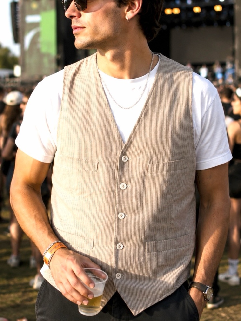 Vintage RRL Ralph Lauren Men’s Vest 100% Cotton Tan Stripe Large